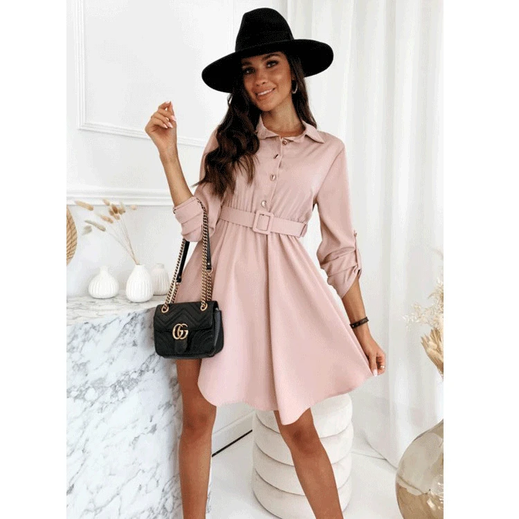 

2022 Autumn New Roll-sleeve Shirt Long-sleeved Solid Color Dress Ladies Turn Down Collar Irregular Pullover Short Dress Vestidos