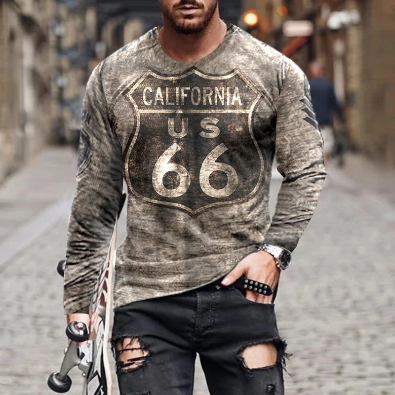 

Printed T-shirt Autumn and Winter Loose Clothes Long-sleeved Vintage American Route 66 Letters Fashion O-neck Shirt 5xl