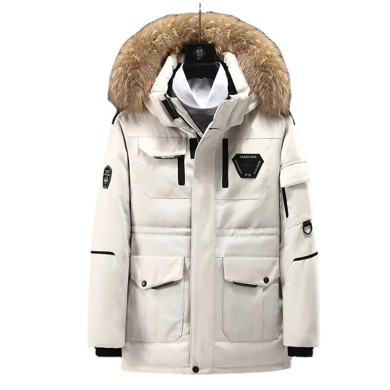 Men's Short Down Jackets - White Duck Down, Medium Fur Collar, Hooded Thick Puffer Coat, Thermal Winter Parka