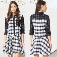 european and american new womens fashion temperament all match irregular long sleeved plaid contrast color lace up dress women