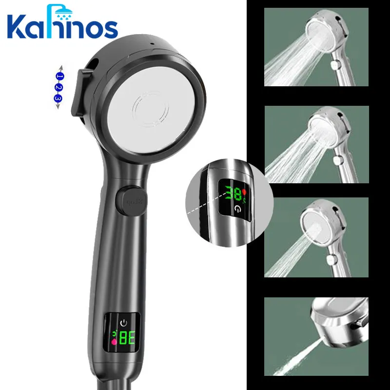 

Temperature Display Shower Head Bathroom 4 Mode Adjustable Handheld No charging Required High Pressure Water Saving Shower Head