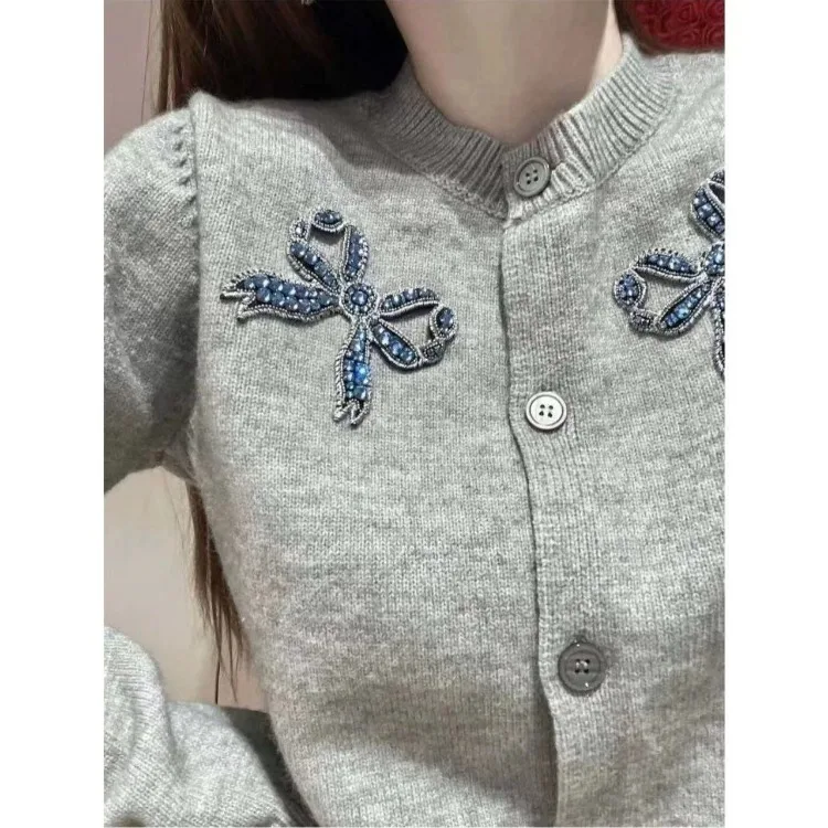 Korejepo 2024 весенний новый жаккардовый мягкий восковой вязаный кардиган с бантом и