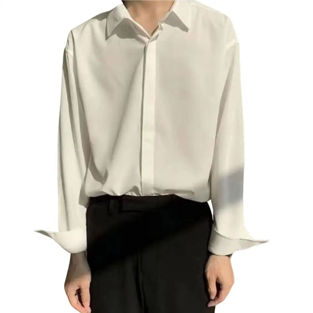 

Men Shirt Turn-down Collar Lapel Long Sleeves Loose Cardigan Single-breasted Soft Business Korean Style Men's Shirt Tops