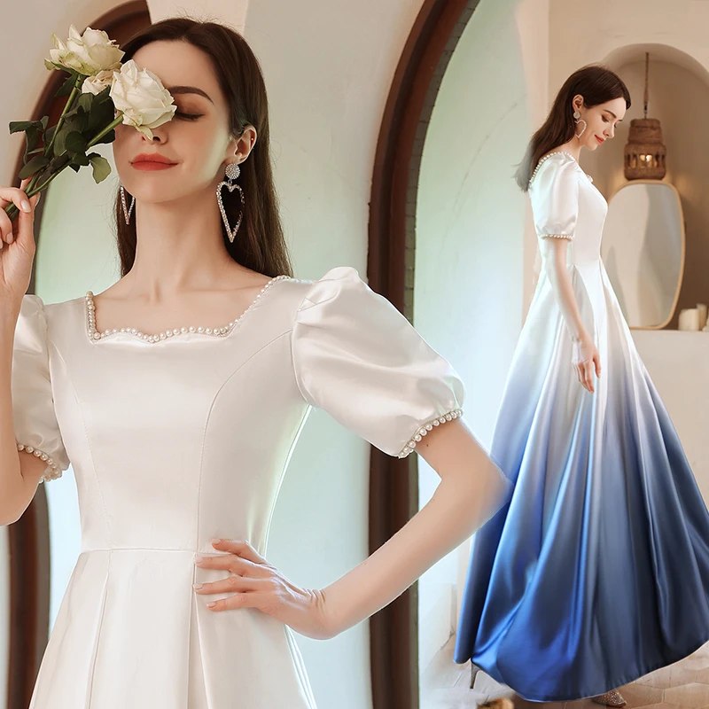 Chinese Wedding Dress With Pearls Blue-White Gradient Stage Performance Costumes Asmmetrical Neck Maxi Pleated Cheongsam Dresses