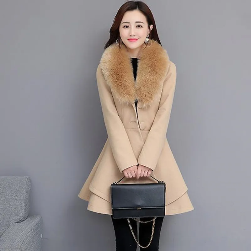 

W2022 Autumn And Winter Woolen Women's Coat Waist Tie Nizi Coat Korean Version Body-shaping Winter Skirt With Fur Collar пальто