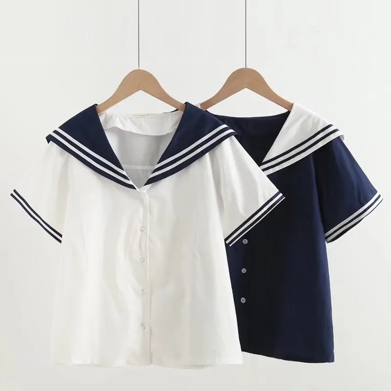 

JK Lolita Harajuku Stripes Sailor Collar V Neck Blouse Shirt Preppy Style Japanese School Uniform T-Shirt Sweet Summer