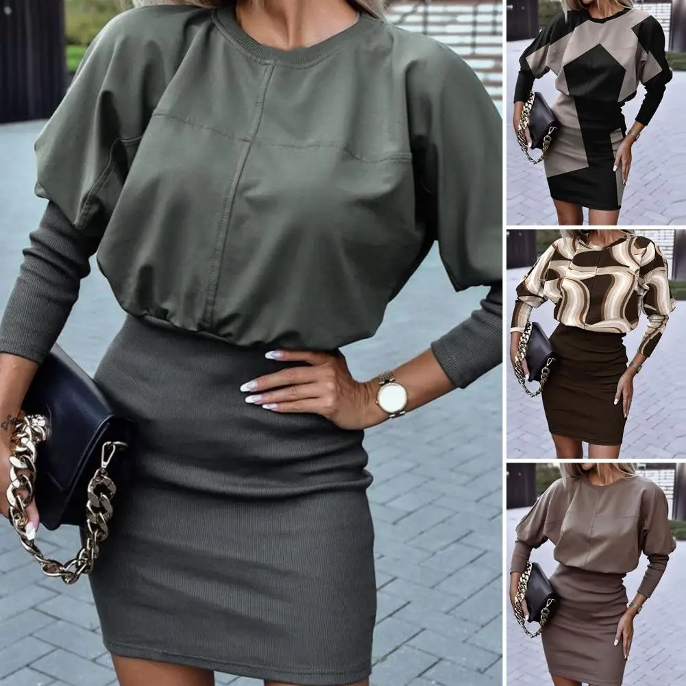 

Women Elegant sexy dress Autumn long sleeve button blouse package skirts mini dress Office Lady fashion print party dress
