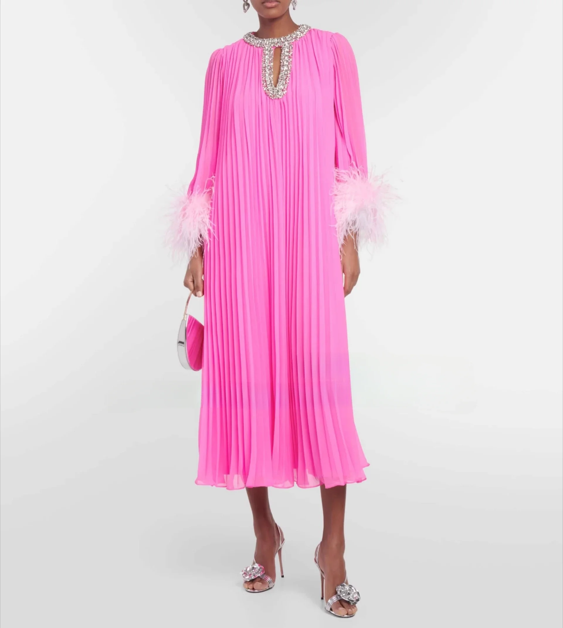 Blue Loose Elegant Women Dress Diamond O Neck Long Sleeve Pleated Dresses Bodycon Streetwear Holiday Party Green Clothing Lady