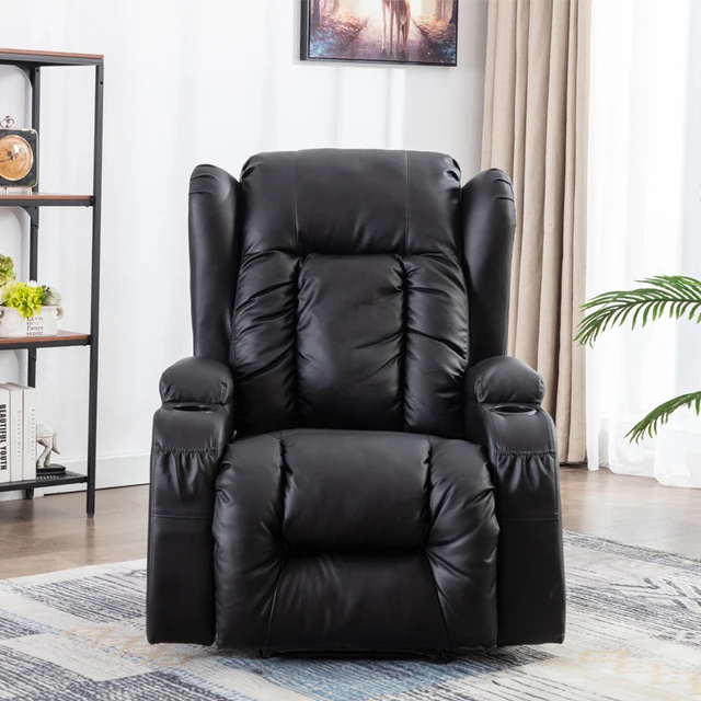 Black PU Recliner Single Sofa With Eight-Point Massage Function and Heating, Ring Pull, Cup Holder, Adjustable Multi-Mode. 1