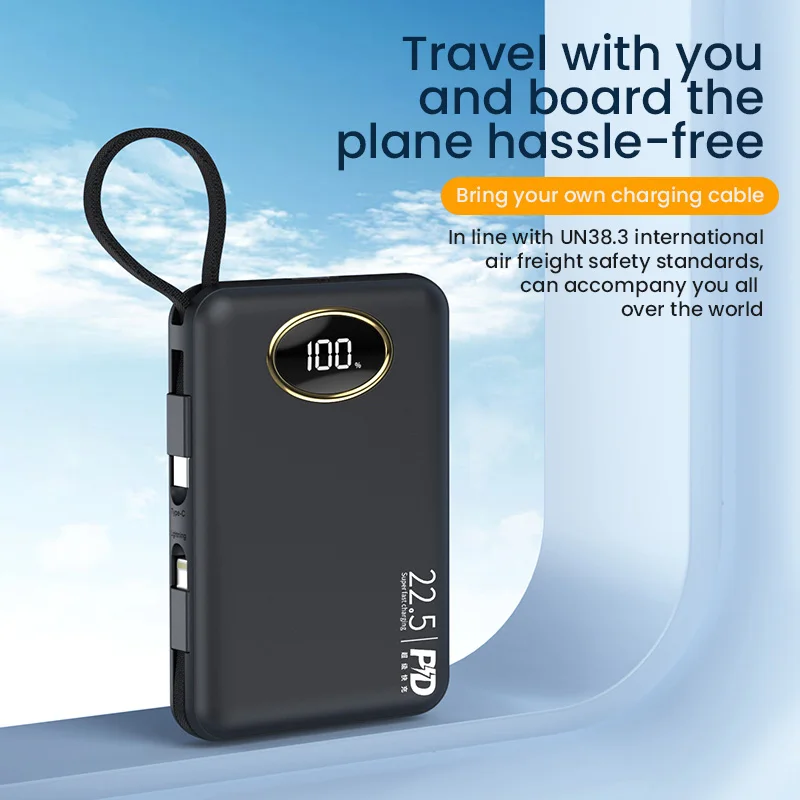 Портативный внешний аккумулятор большой емкости 20000 мАч с кабелем USB C 22 5 Вт