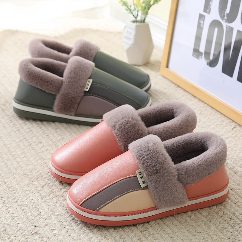 

Cotton slippers for women, winter bag heel, anti slip couple, indoor plush insulation, waterproof PU leather slippers for men