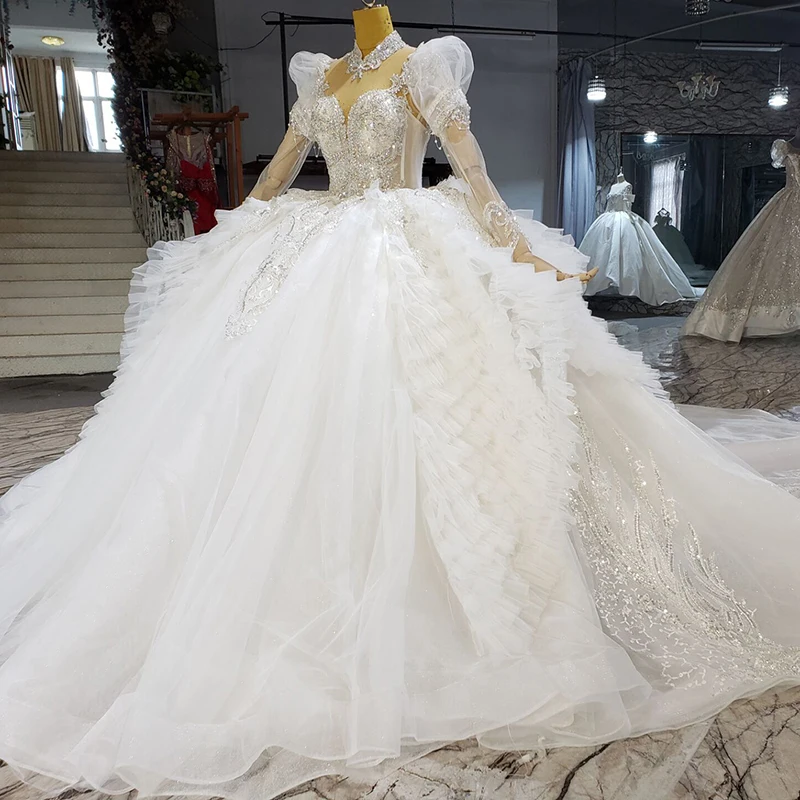 

HTL2316 Appliques Bow Celebrity Dresses Fullsleeve Indian Wedding Dress Royal Illusion Train Floor-Length Dress vestito da sposa