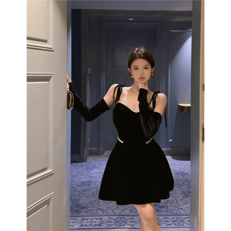 2024 ранняя осень женское элегантное утягивающее французское винтажное черное