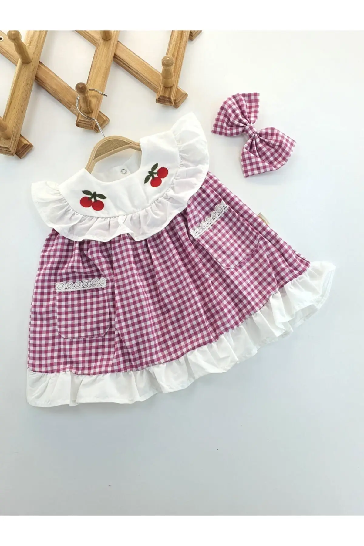 

Baby girl fuchsia pleated cherry detailed hair banded dress cotton sleeveless plaid/checkered pink ruffle double thin