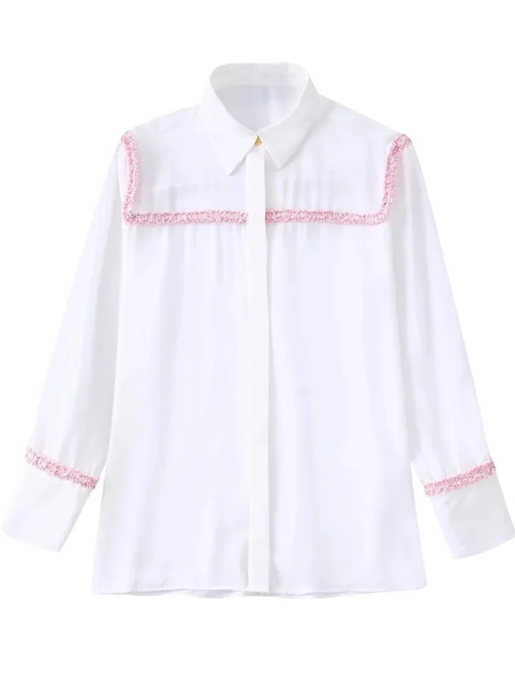 

Elegant Women White Shirt Pink Tweed Strip Decoration For Office Lady Single Breasted Turn-down Collar Blouse Streetwear Tops