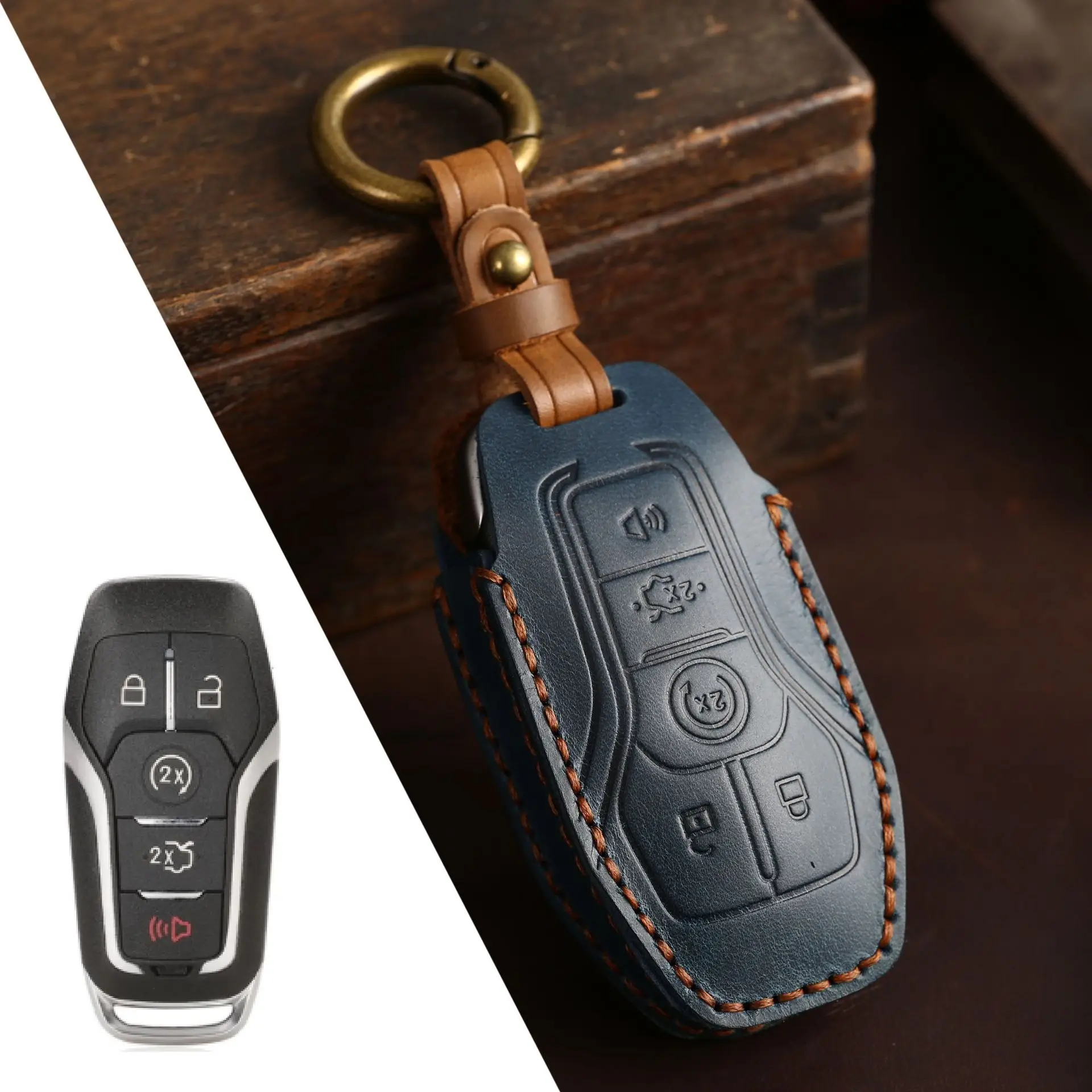 Leather Car Key Case Cover Holder Fob Pouch for Ford Fusion Fiesta Mondeo Ecosport Kuga Escort Everest Ranger F150 Keyring Shell images - 6