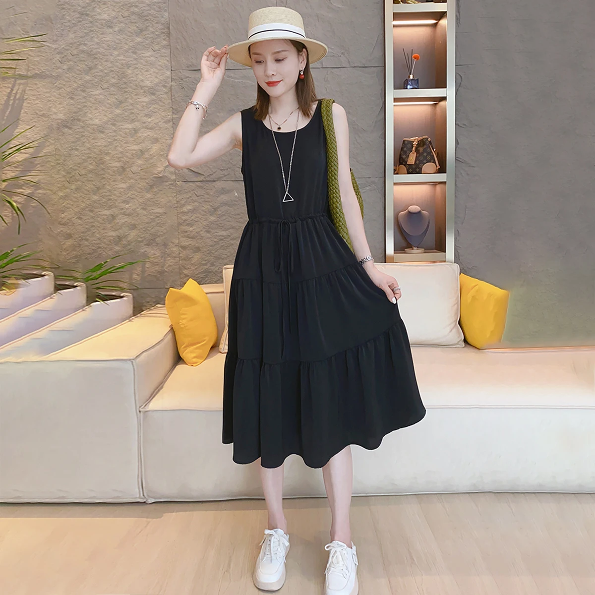 

Women Lacing Print Sleeveless Tank O Neck Ruffle Chiffon Dresses Korean Casual Summer Midi Dress Beach Solid Sundress Fashion