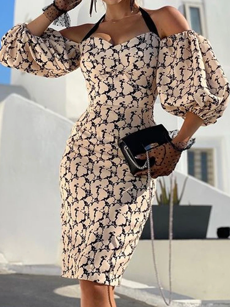 

Chic Print Sexy Off Shoulder Low Cut Slim Halter Dress Women Long Sleeve Elegant Midi Dress