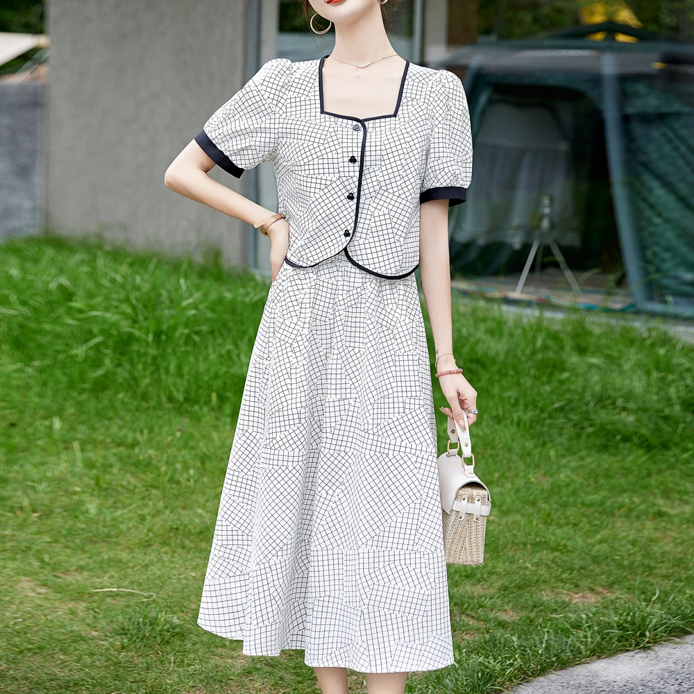 

Summer Women Elegant Mid A-Line Skirt Sets Outfits Short Sleeve Small Coat Crop Tops 2 Two Piece Casual Matching Set