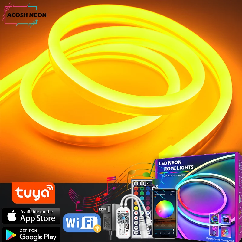 Светодиодная неоновая осветительная лента RGB Tuya с Wi-Fi, 12 В постоянного тока, светодиодная Водонепроницаемая многоцветная силиконовая смарт-полоса с поддержкой Google Sync