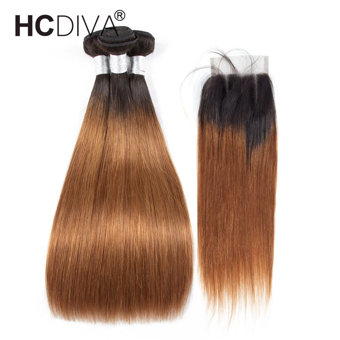 T1B/30 Ombre Bundles With Closure Brazilian Human Hair Bundles With Closure T1B/30 Brown Straight Bundles With Closure Remy Hair