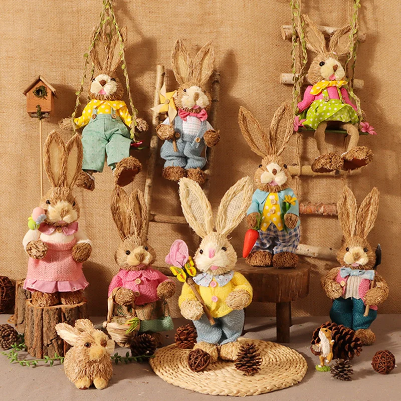 

2023 Year Easter Straw Easter Rabbit Decoration with Clothes Happy Easter Home Garden Wedding Ornament Photo Props Crafts Bunny