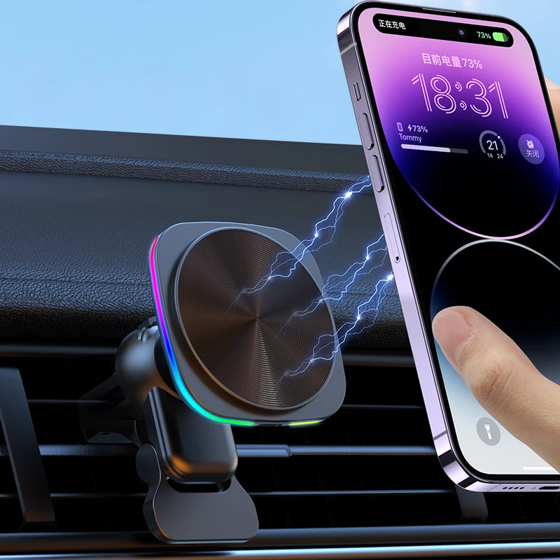 

30W RGB LED Light Magnetic Car Wireless Charger Air Vent Phone Holder For iphone 14 13 12 Pro Max Macsafe Fast Charging Station