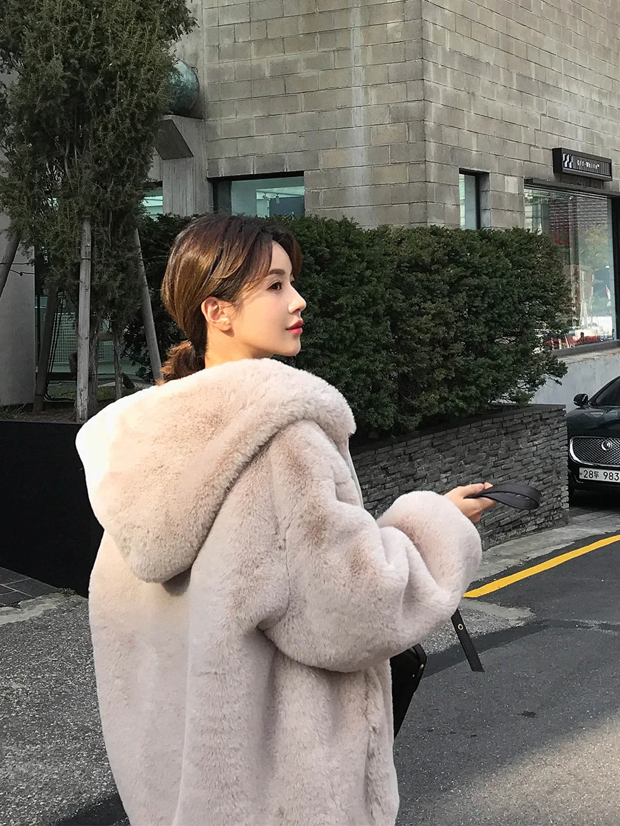2022 Autumn  Winter Korean Fashion of Faux Fur Coat Women Loose Thick Rabbit Fur Plush Long Coat Hooded Y2k Cute Girl Clothes