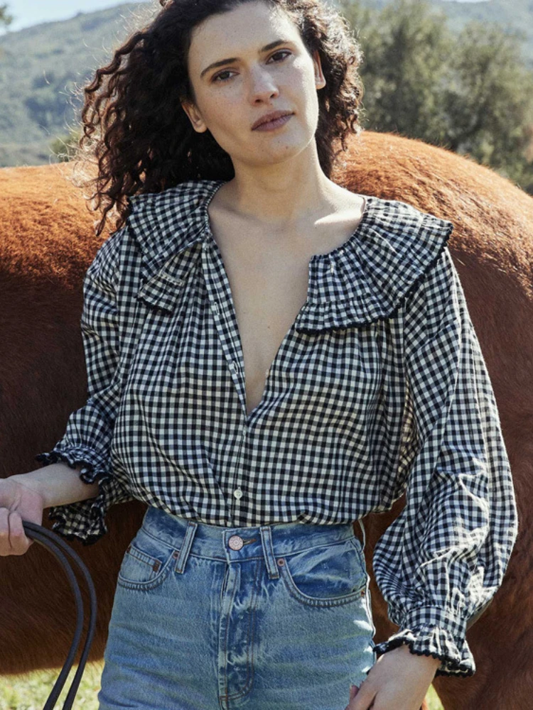 Женская рубашка Новинка лета 2022 однобортная в черно-белую клетку с отложным