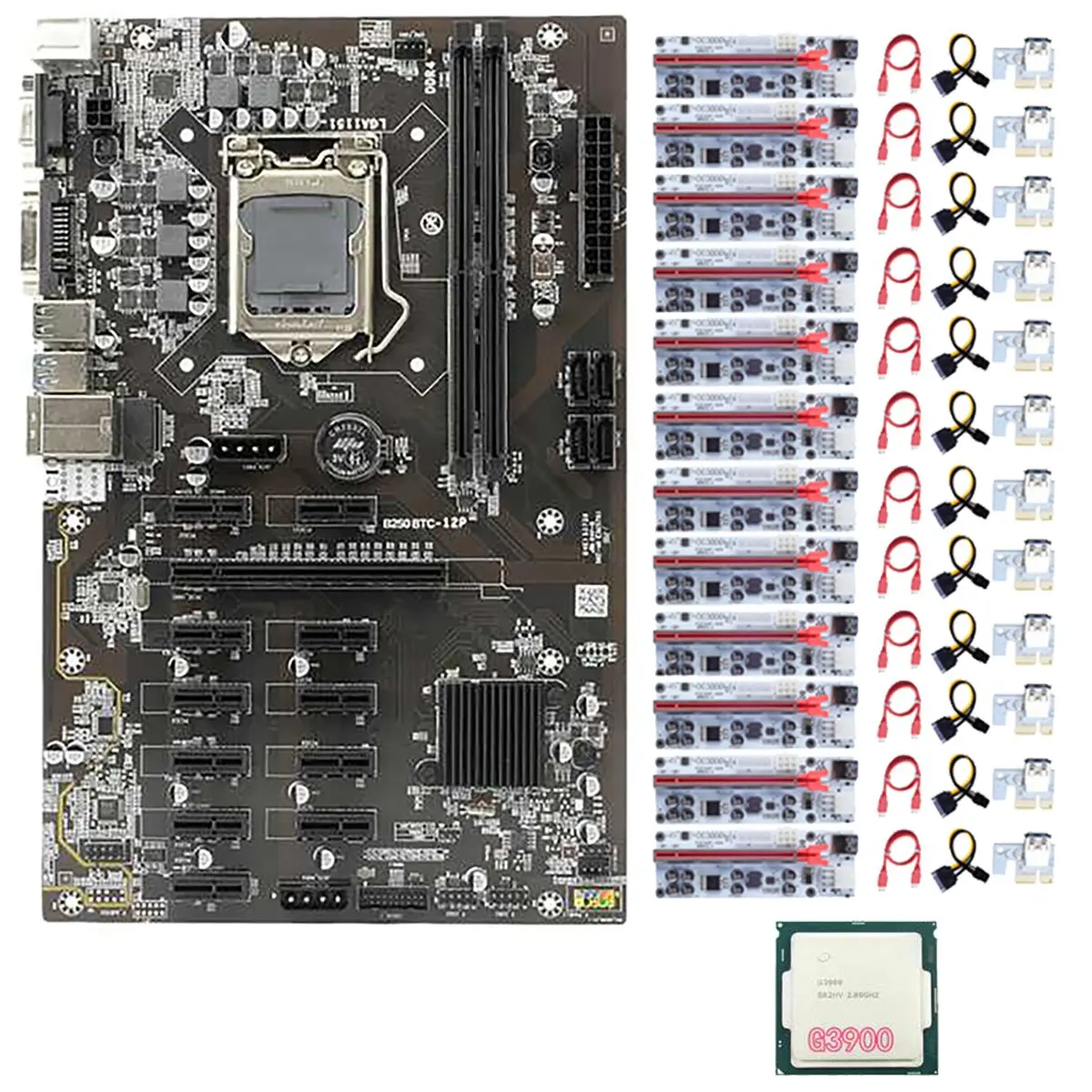 

B250 BTC Mining Motherboard with 12 010-X PCIE 1X to 16X Riser Card+1XG3900 CPU LGA1151 DDR4 DIMM SATA3.0 USB3.0 12 PCIE