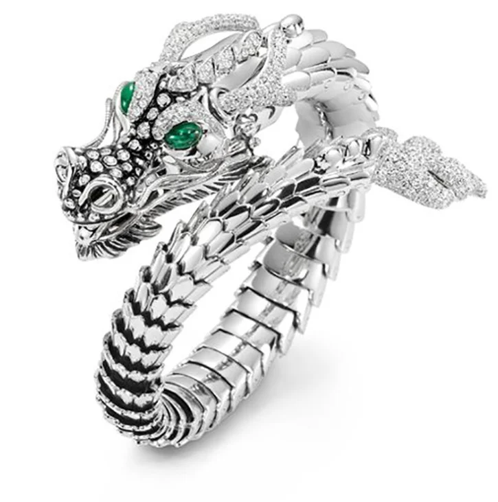 

ANGLANG Whole Dragon Open Ring for Men Green Eyes Heroic Spirit Silver Color Dragon Hyperbole Male Rings Punk Style Men Jewelry