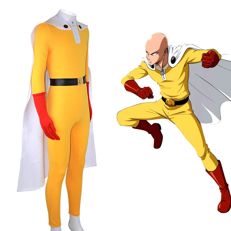 Костюм для косплея Аниме ONE PUNCH-MAN желтый комбинезон Сайтама с белой накидкой