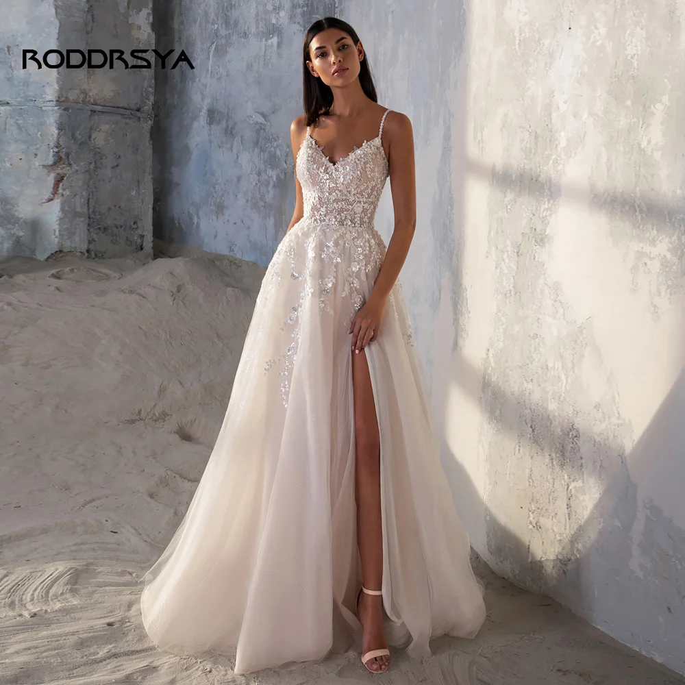 

RODDRSYA Sexy Sparkling Wedding Dress Spaghetti Straps V Neck Sequined Lace High Slit Soft Tulle Backless Bridal Robe De Mariée