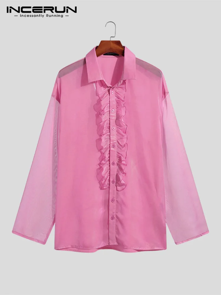 INCERUN Tops 2023 American Style Men Casual Party Hot Sale Blouse See-through Mesh Ruffled Long-sleeved Thin Lapel Shirts S-5XL