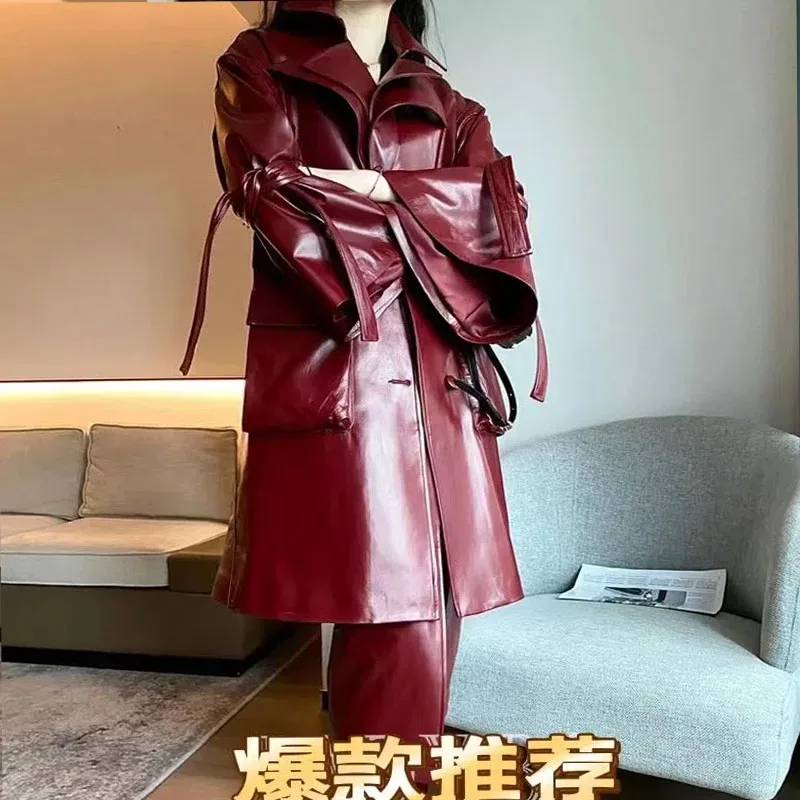 (Yihaodi Clothes) High class leather clothes for women in 2022 autumn and winter new style suit collar bell sleeve tie waist fas