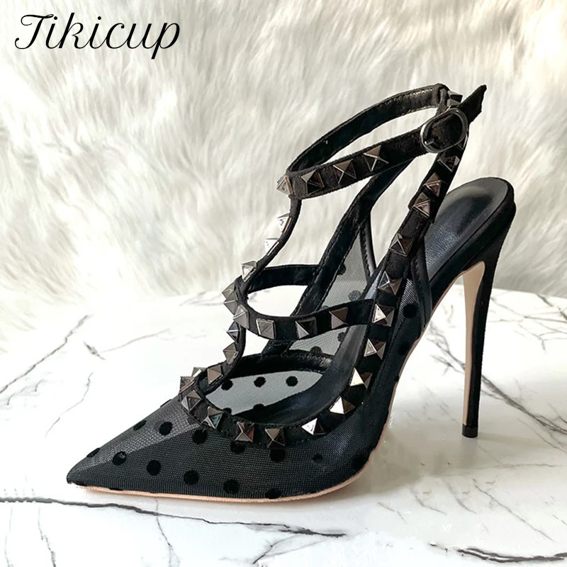 

Tikicup Studs Rivets Women Black Gauze Mesh Gladiator Backless High Heel Shoes Summer Sexy Stiletto Pumps Sandals 8cm 10cm 12cm