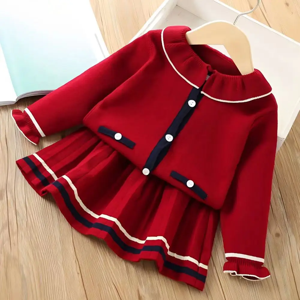 

Children's Baby Spring And Autumn Set 2023 Korean Fashionable Solid Knitted Cardigan Two Piece Set Girls Sweater Set Skirt Kids