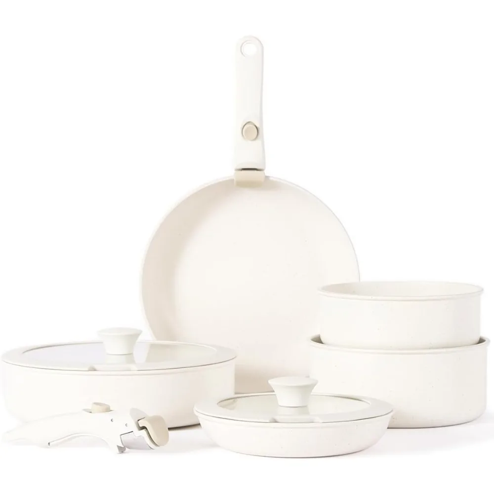 

Nonstick Cookware Set Detachable Handle, Induction Kitchen Camping Stackable Pots Pans, Dishwasher/Oven Safe, Cream