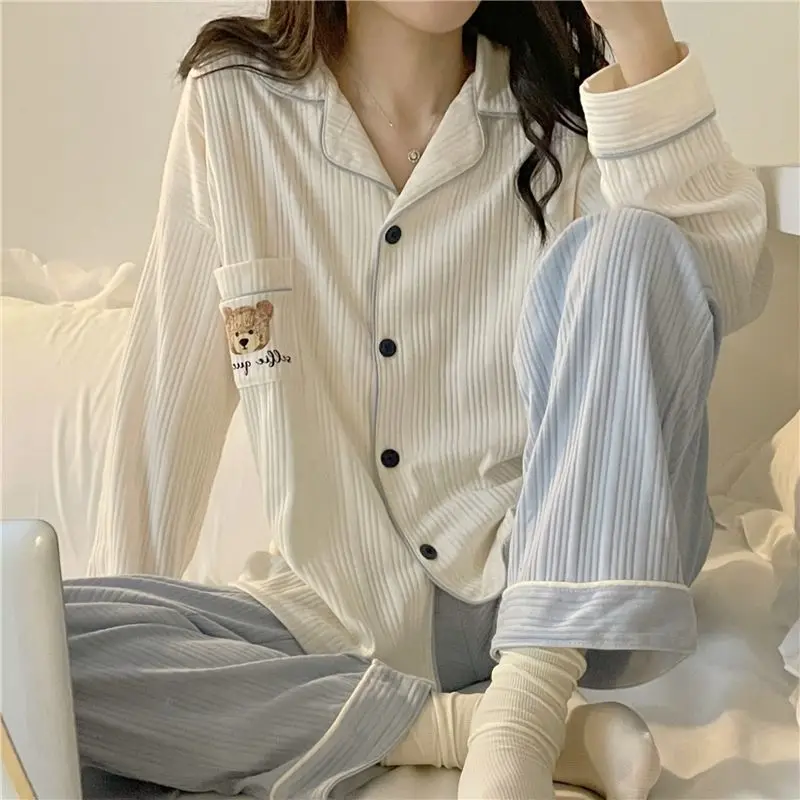 

Spring Pajamas Set Women Cotton 2 Pieces Long Sleeve Korean Style Print Sleepwear Pijama Set Nightwear Nighties Pyjama Home Suit