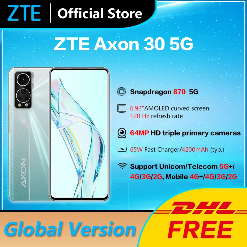 

DHL Free Ship Global Version ZTE Axon 30 5G Mobile Phone 6.92'' 120Hz Under-screen camera Snapdragon 870 Octa Core 65W SuperCha