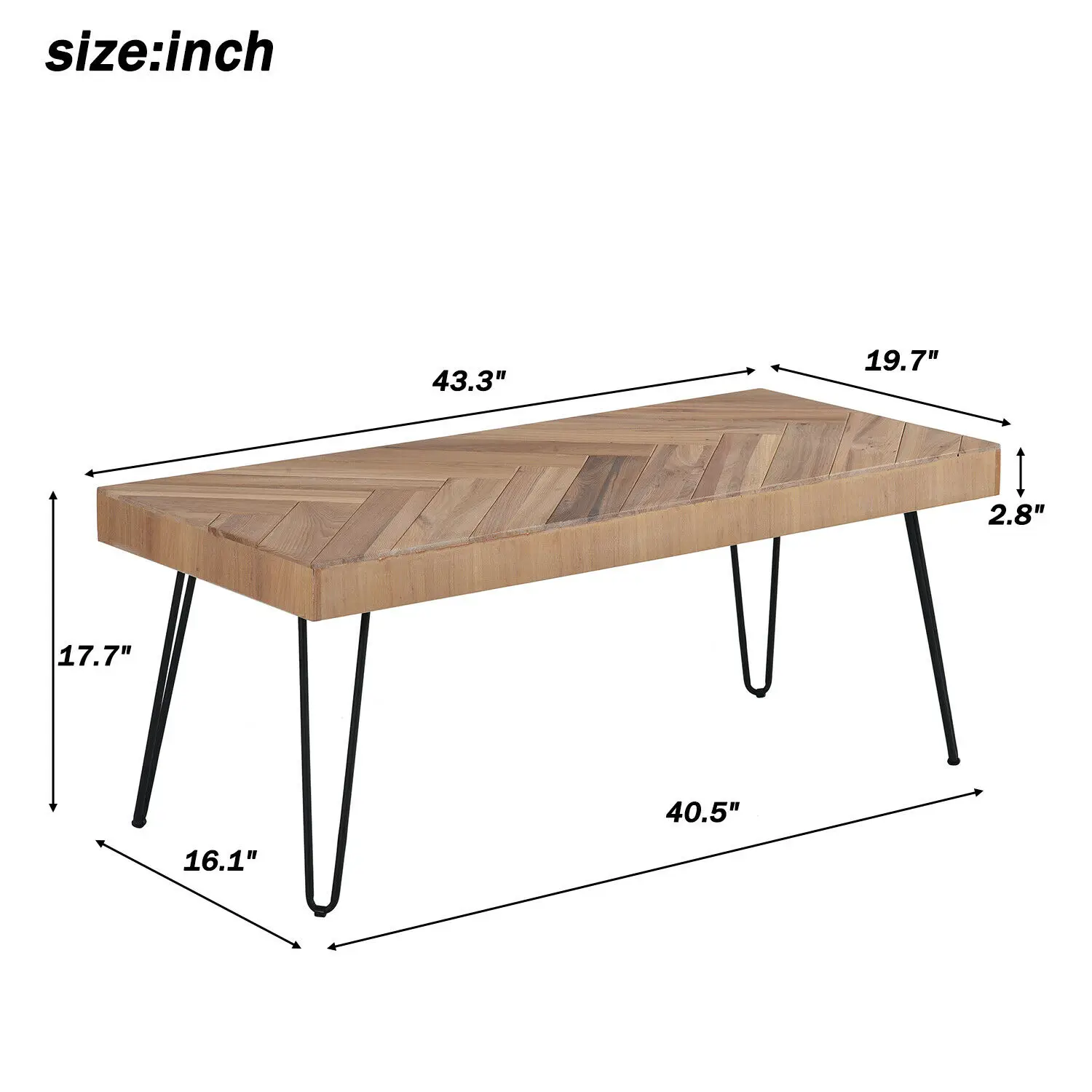 

Modern Coffee Table Easy To Assemble Tea Table Cocktail Table With V-shaped Pattern And Metal Hairpin Leg Thick Old Elm Finished