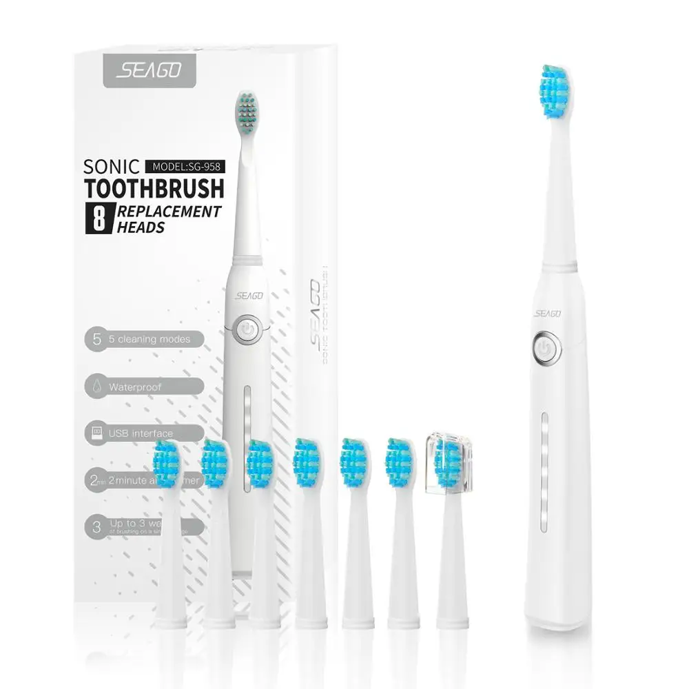 Seago Fast Rechargeable Sonic Toothbrush Electric Smart Automatic with Case Whitening Replacement Brush Head Adult Waterproof