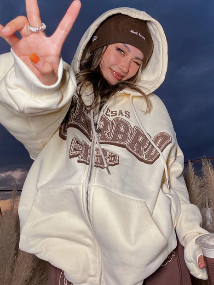 

Женская повседневная толстовка на молнии, белая Толстовка Оверсайз в американском ретро-стиле с буквенным принтом, осень 2022