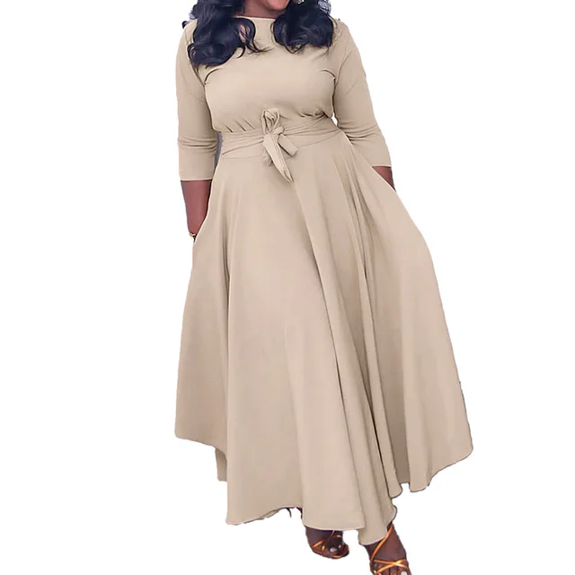 Autumn Winter Plus Size Women Clothes Solid Color Fashion Round Neck Bandage Three Quarter Sleeve Higt Waist Elegant Maxi Dress 5