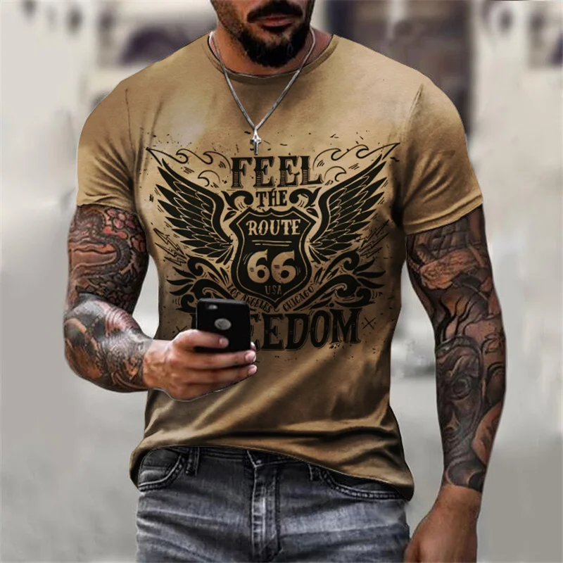 

2023 летняя быстросохнущая Повседневная дышащая мужская Спортивная футболка для улицы Route 66 US с 3D принтом и коротким рукавом