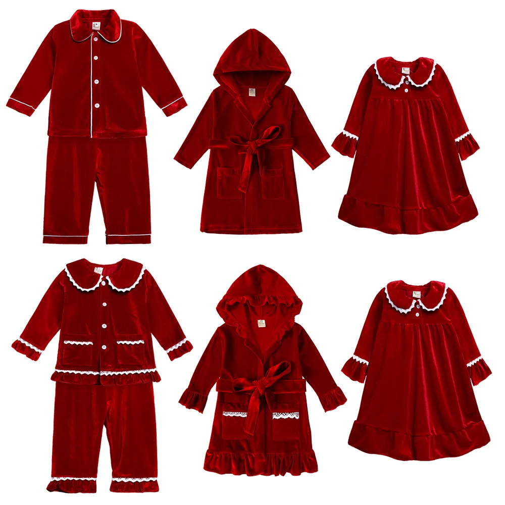

2022 Christmas New Children Bathrobe Girl Baby Long Sleeve Solid Dress Kid Boy Ruffle Homewear Pajamas Suit Toddler Pyjamas Set