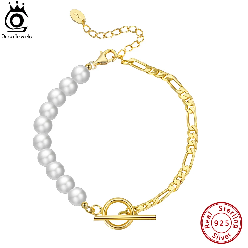 

ORSA JEWELS Sterling Silver Diamond Cut Figaro Link Chain and Half Baroque Pearl Bracelet for Women with OT Toggle Clasp GPB06