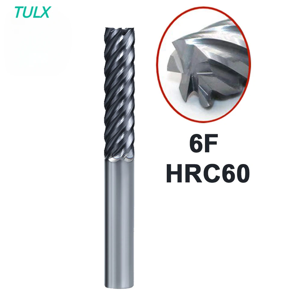 

TULX 6Flutes Milling HRC60 Carbide End Mill 6 8 10 12mm Cutter Alloy Coating Tungsten Steel Cutting Tool CNC Maching Endmills