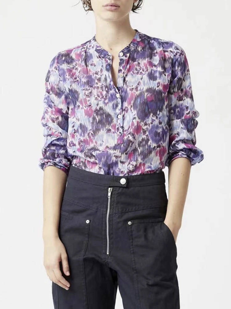 

2022 Spring New Round Collar Ink Tie-dye Print Shirt Women Shirt