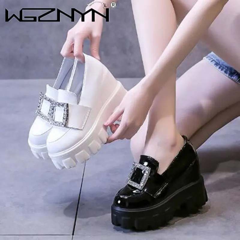 

New Wedges Women Shoe Spring Autumn Slip-On High Heels Round Toe Black Leather Casual Ladies Platform Shoes Woman Chunky Sneaker